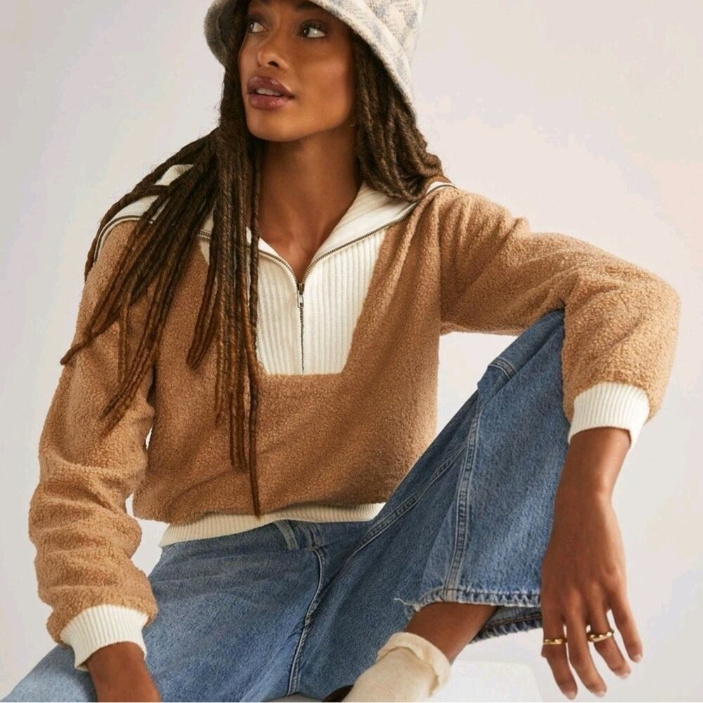 Anthro Women Dolan Sherpa Quarter Zip Pullover L Scandi Neutral Cozy Teddy